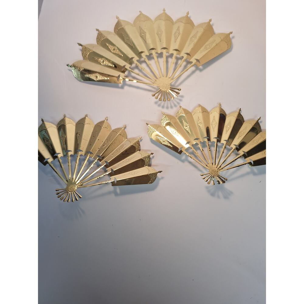 Vintage Home Interiors Shiny Metal Gold Tone Wall Art Fans